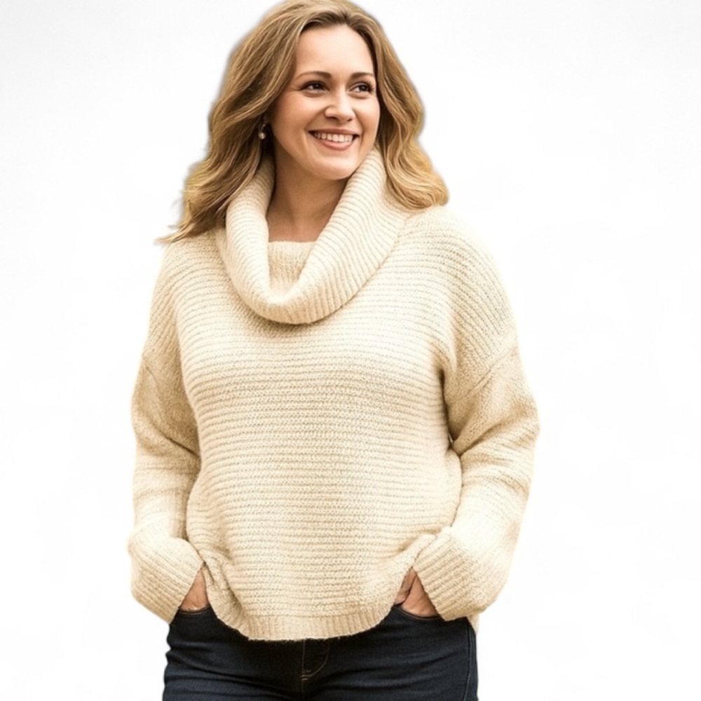 J. Jill Chunky Knitted Turtleneck Sweater Ivory Size Medium Petite